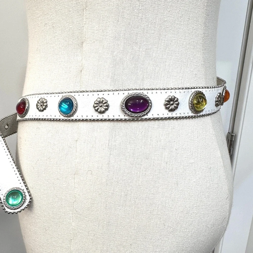 Vintage 80s Jeweled Cabochon Genuine Leather Belt M/L White Multicolor Festival